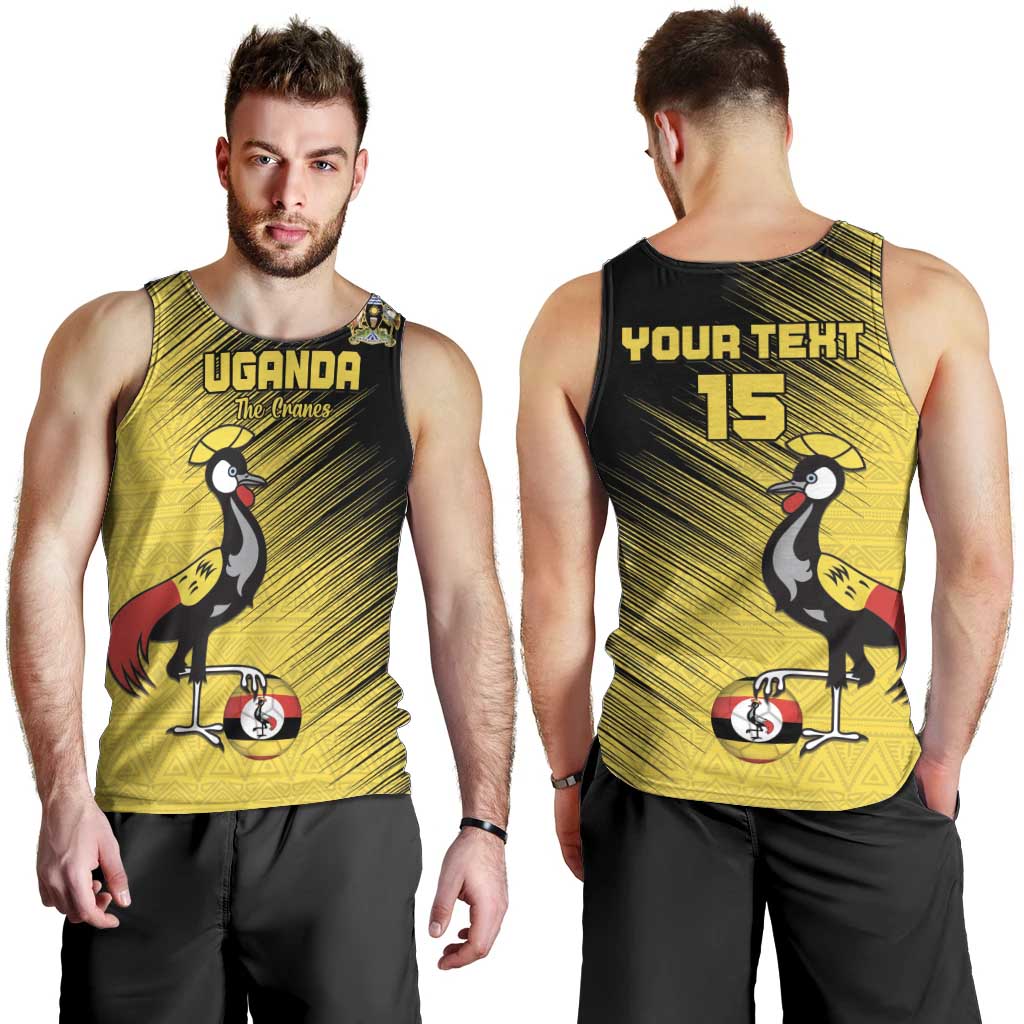 Custom Uganda Football Men Tank Top Black Crowned Crane Mix Grunge Style - Yellow Color