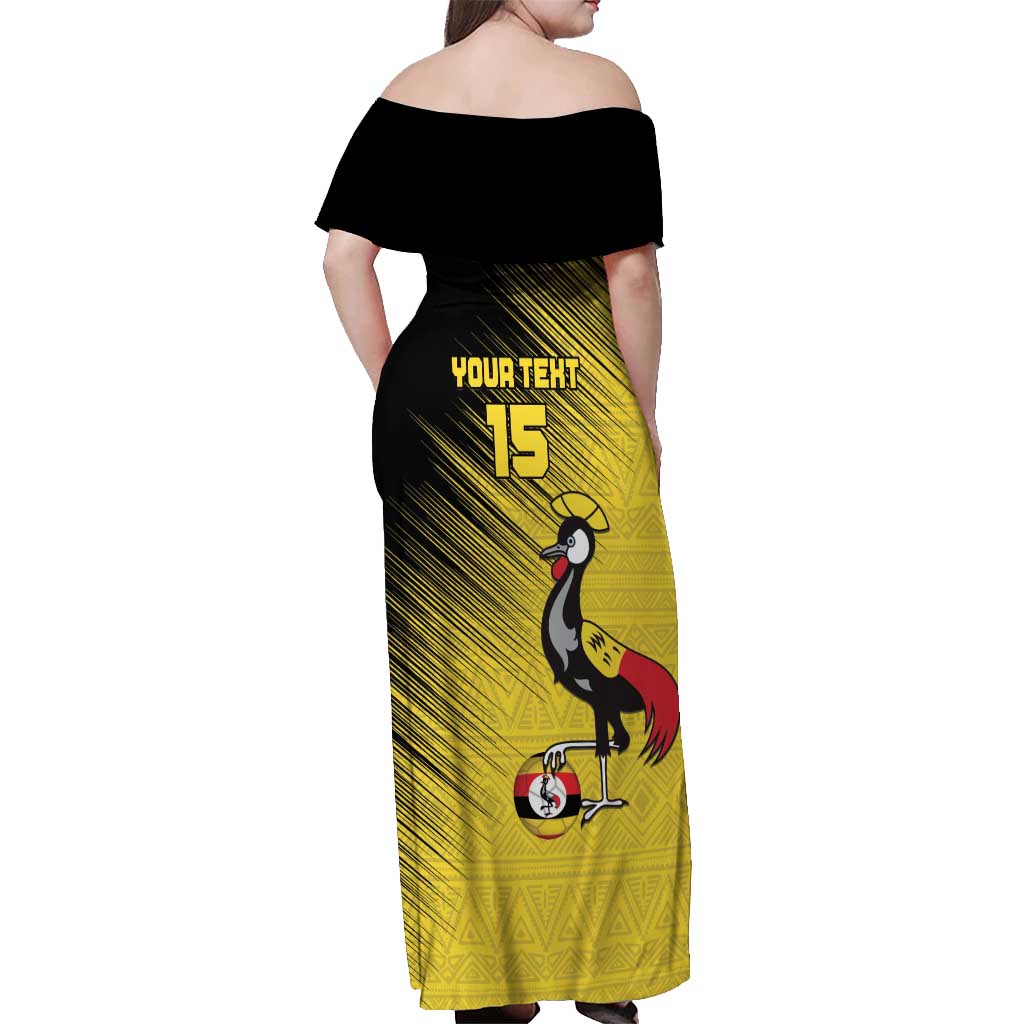 Custom Uganda Football Off Shoulder Maxi Dress Black Crowned Crane Mix Grunge Style - Yellow Color
