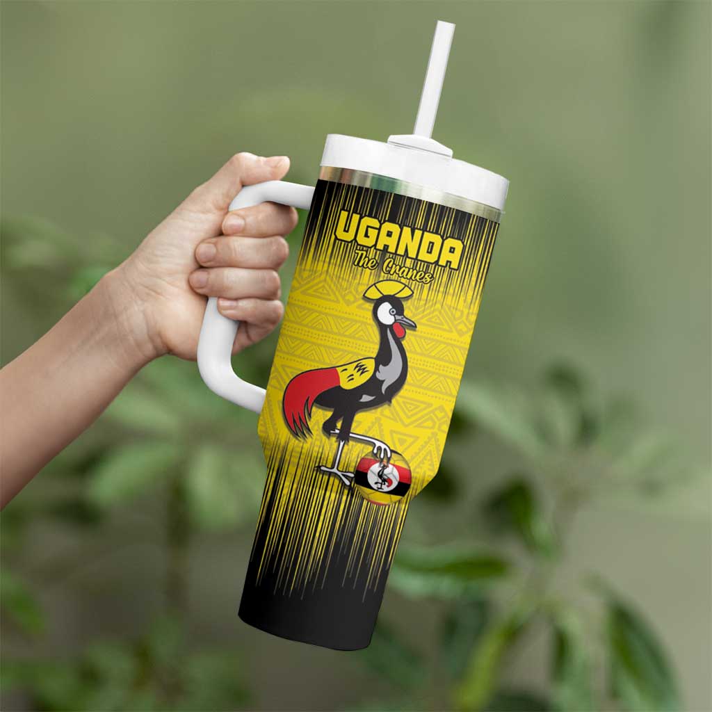 Custom Uganda Football Tumbler With Handle Black Crowned Crane Mix Grunge Style - Yellow Color