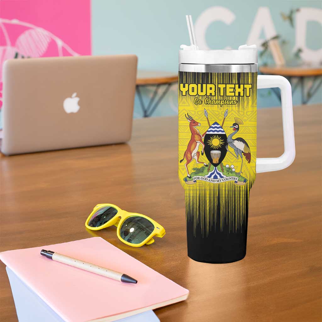 Custom Uganda Football Tumbler With Handle Black Crowned Crane Mix Grunge Style - Yellow Color