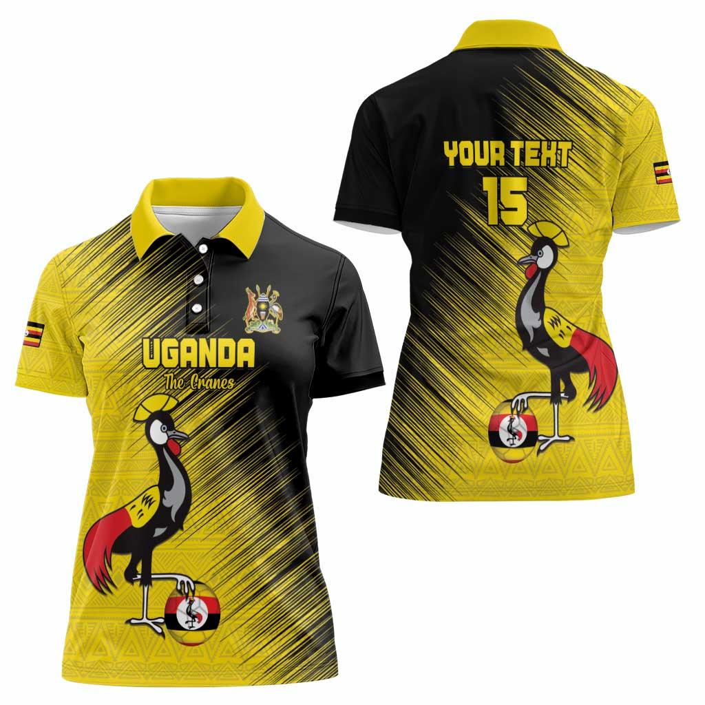 Custom Uganda Football Women Polo Shirt Black Crowned Crane Mix Grunge Style - Yellow Color