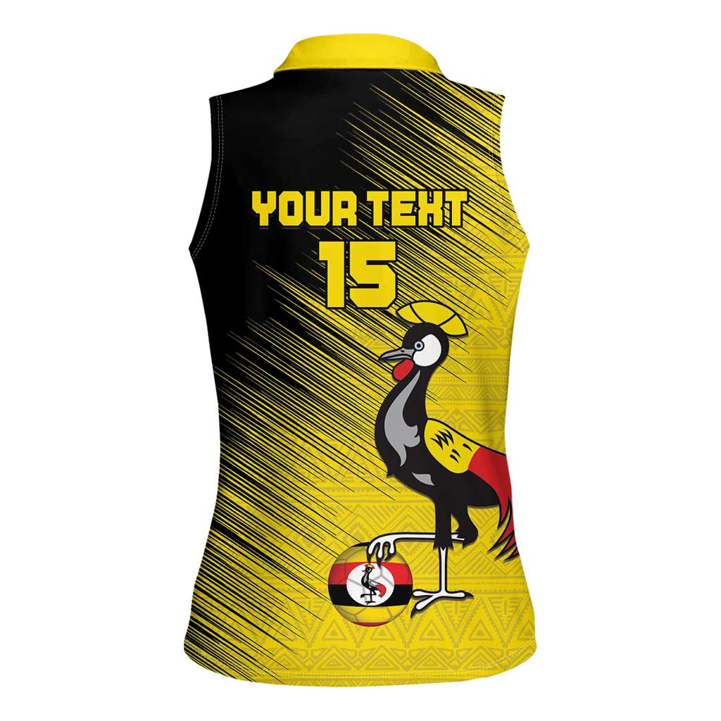 Custom Uganda Football Women Sleeveless Polo Shirt Black Crowned Crane Mix Grunge Style - Yellow Color