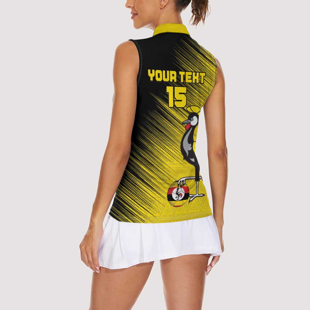 Custom Uganda Football Women Sleeveless Polo Shirt Black Crowned Crane Mix Grunge Style - Yellow Color