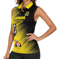 Custom Uganda Football Women Sleeveless Polo Shirt Black Crowned Crane Mix Grunge Style - Yellow Color