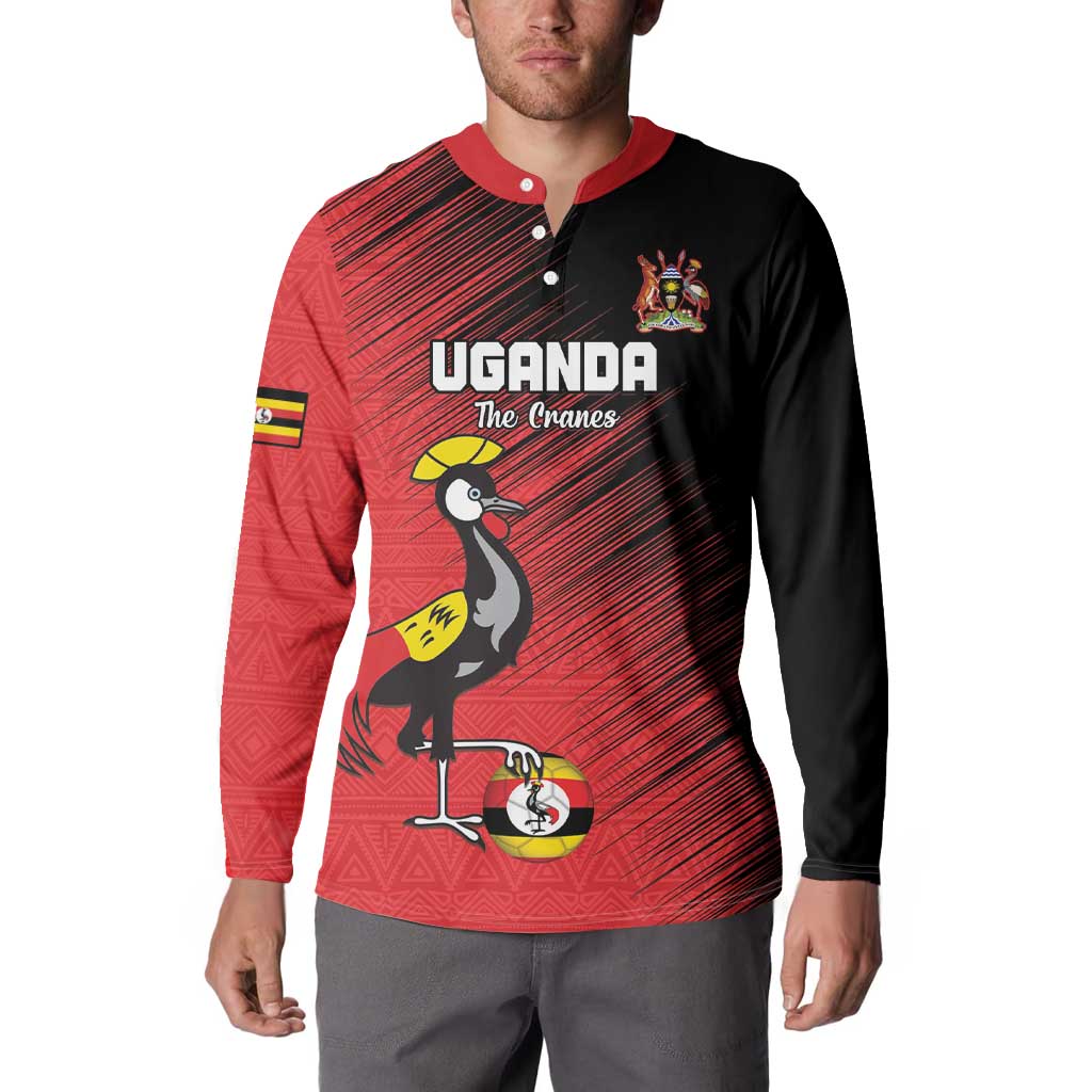 Custom Uganda Football Button Sweatshirt Black Crowned Crane Mix Grunge Style - Red Color