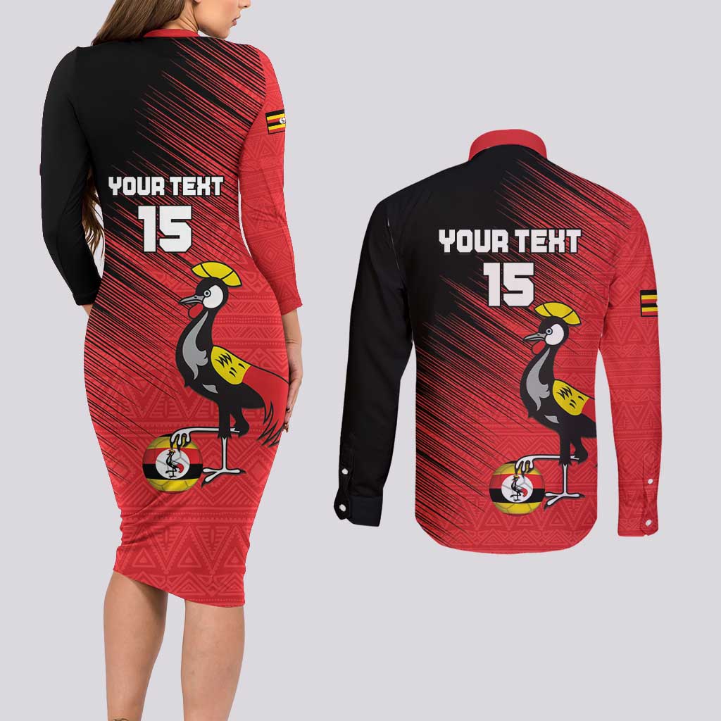Custom Uganda Football Couples Matching Long Sleeve Bodycon Dress and Long Sleeve Button Shirt Black Crowned Crane Mix Grunge Style - Red Color