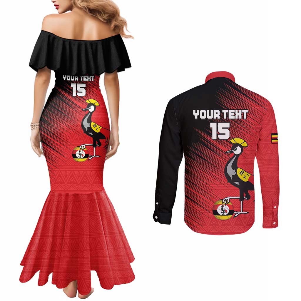Custom Uganda Football Couples Matching Mermaid Dress and Long Sleeve Button Shirt Black Crowned Crane Mix Grunge Style - Red Color
