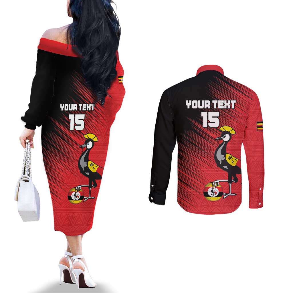 Custom Uganda Football Couples Matching Off The Shoulder Long Sleeve Dress and Long Sleeve Button Shirt Black Crowned Crane Mix Grunge Style - Red Color