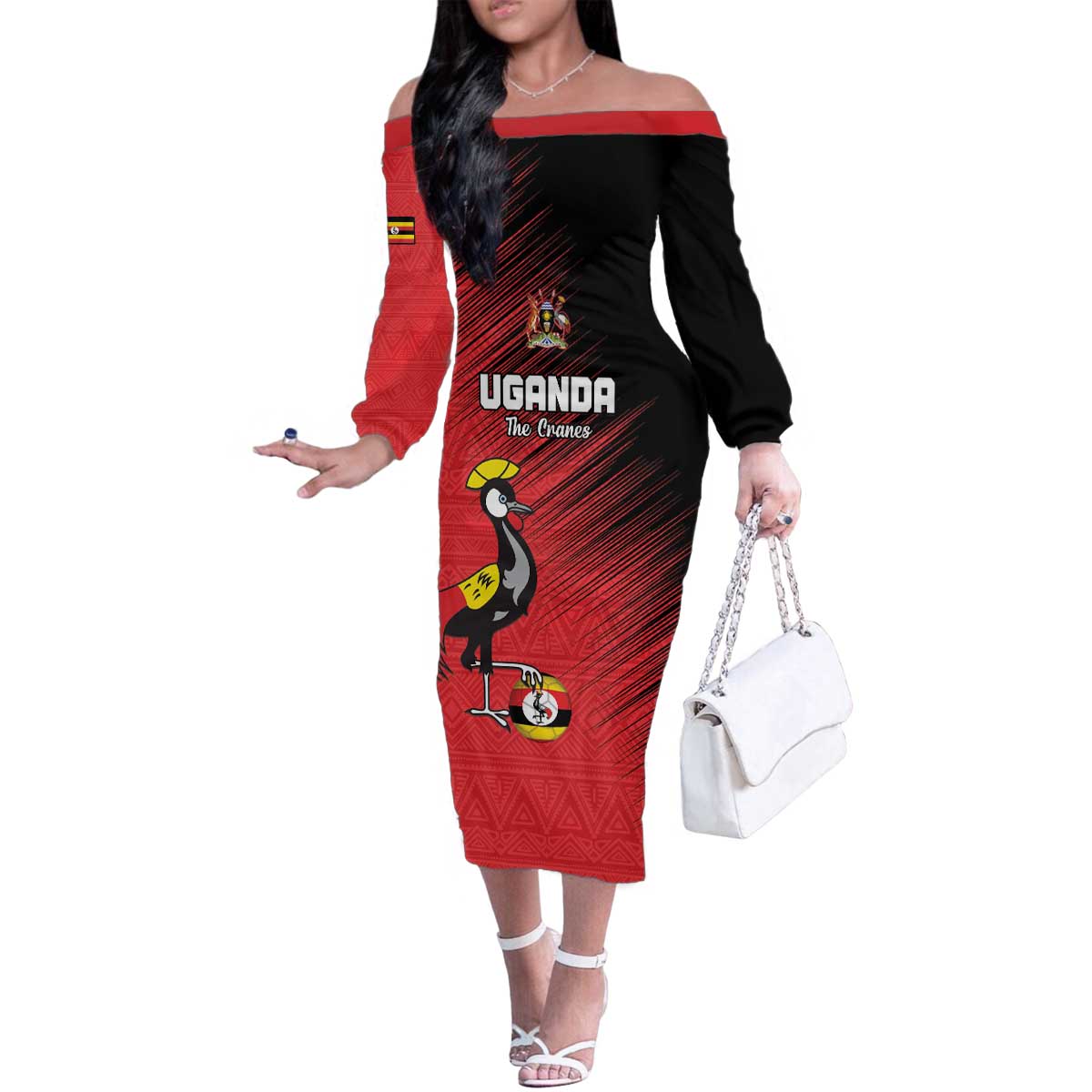 Custom Uganda Football Family Matching Off The Shoulder Long Sleeve Dress and Hawaiian Shirt Black Crowned Crane Mix Grunge Style - Red Color