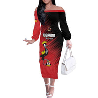 Custom Uganda Football Family Matching Off The Shoulder Long Sleeve Dress and Hawaiian Shirt Black Crowned Crane Mix Grunge Style - Red Color