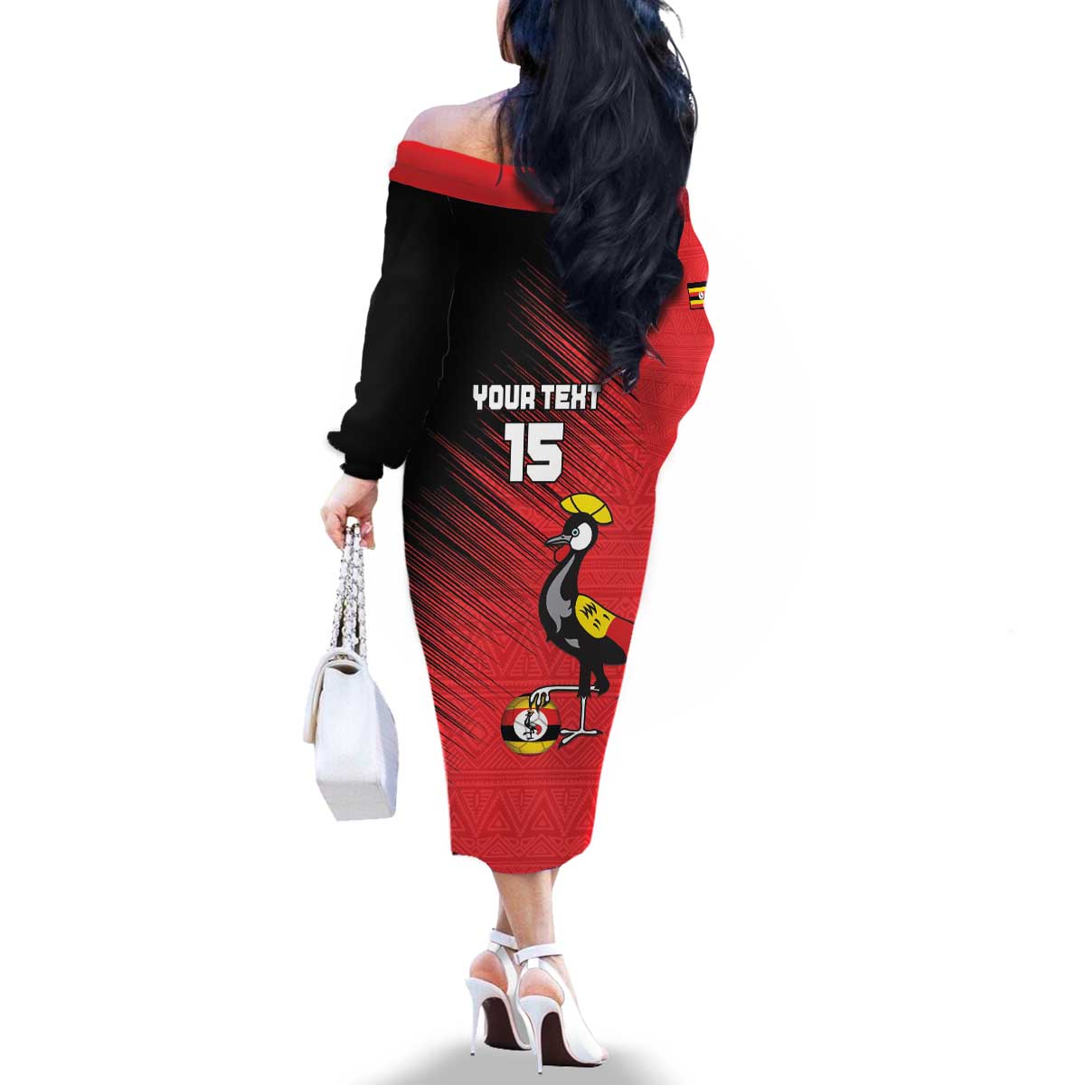Custom Uganda Football Family Matching Off The Shoulder Long Sleeve Dress and Hawaiian Shirt Black Crowned Crane Mix Grunge Style - Red Color