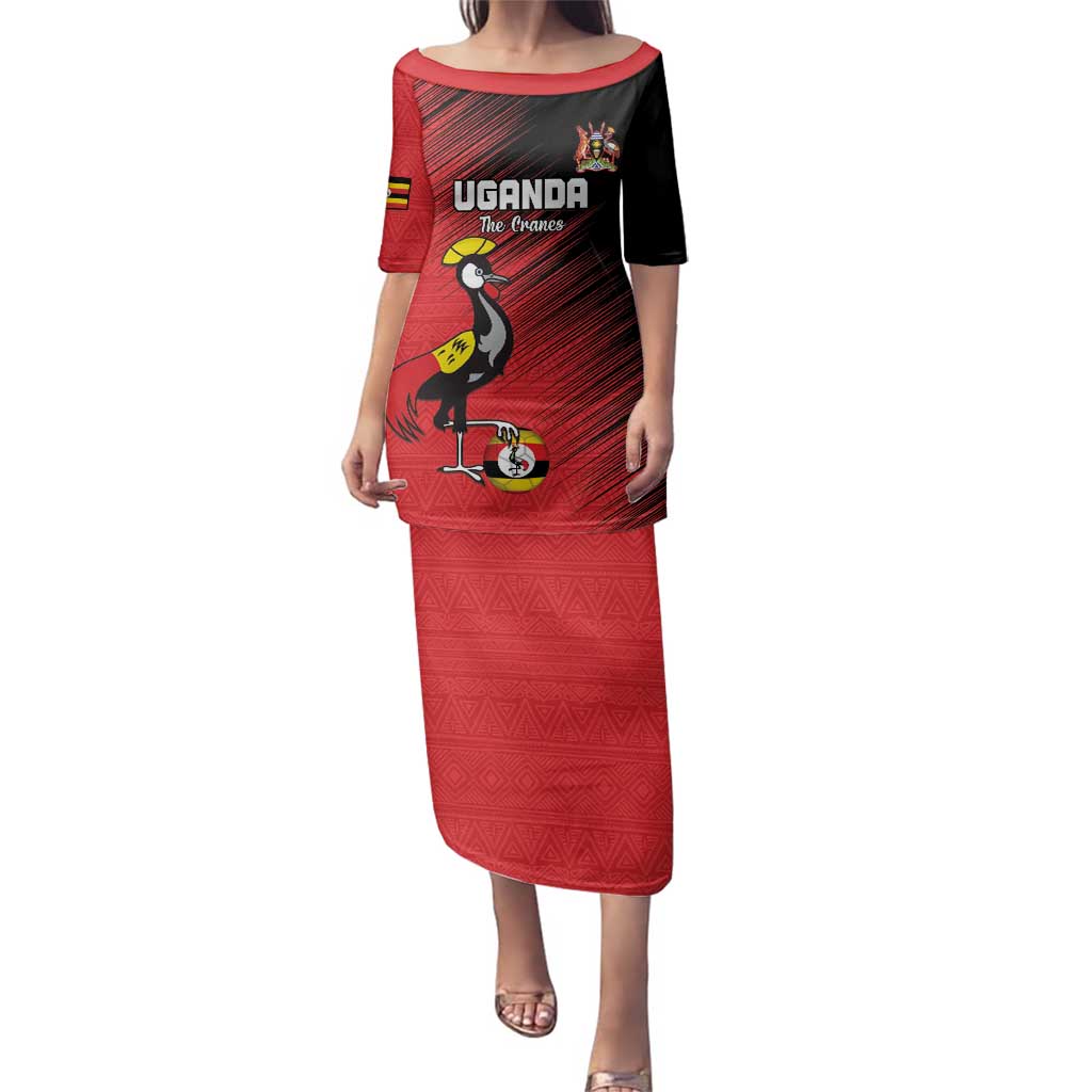 Custom Uganda Football Family Matching Puletasi and Hawaiian Shirt Black Crowned Crane Mix Grunge Style - Red Color