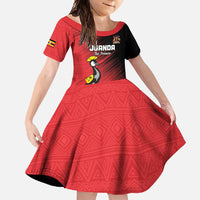Custom Uganda Football Family Matching Short Sleeve Bodycon Dress and Hawaiian Shirt Black Crowned Crane Mix Grunge Style - Red Color