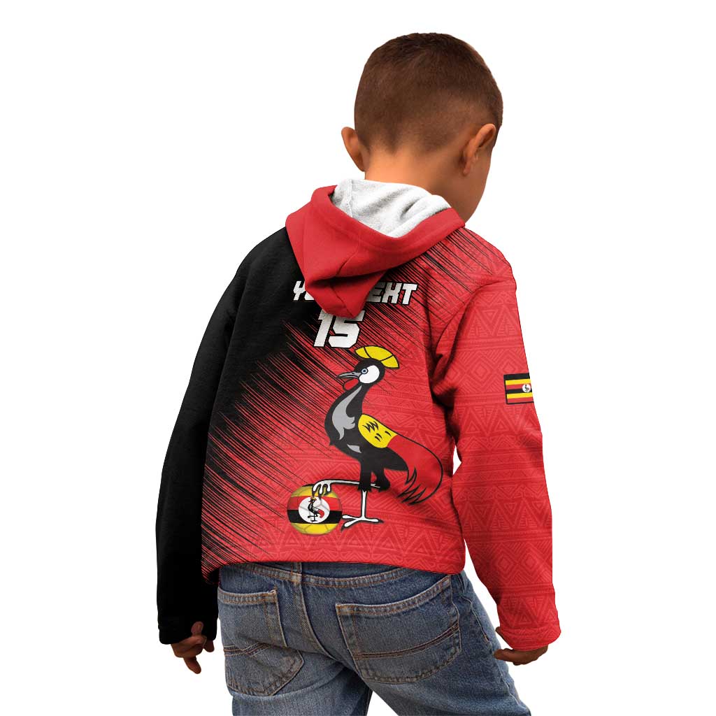 Custom Uganda Football Kid Hoodie Black Crowned Crane Mix Grunge Style - Red Color