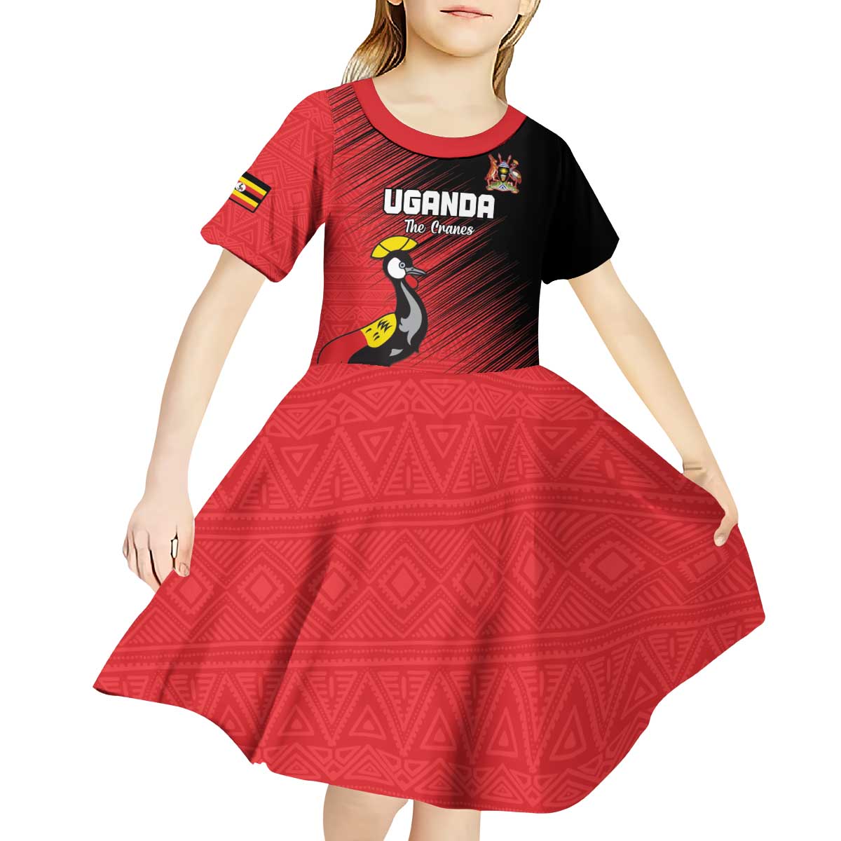 Custom Uganda Football Kid Short Sleeve Dress Black Crowned Crane Mix Grunge Style - Red Color