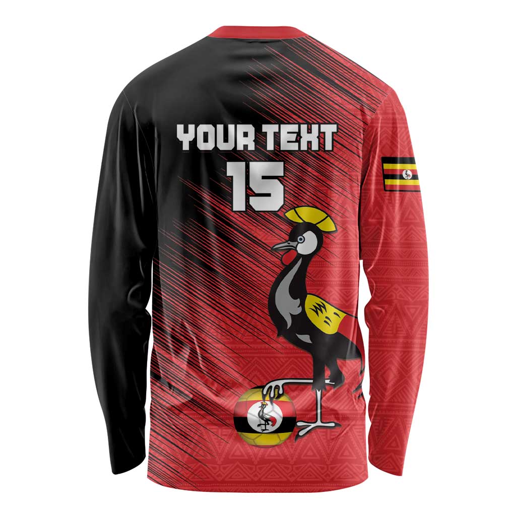 Custom Uganda Football Long Sleeve Shirt Black Crowned Crane Mix Grunge Style - Red Color