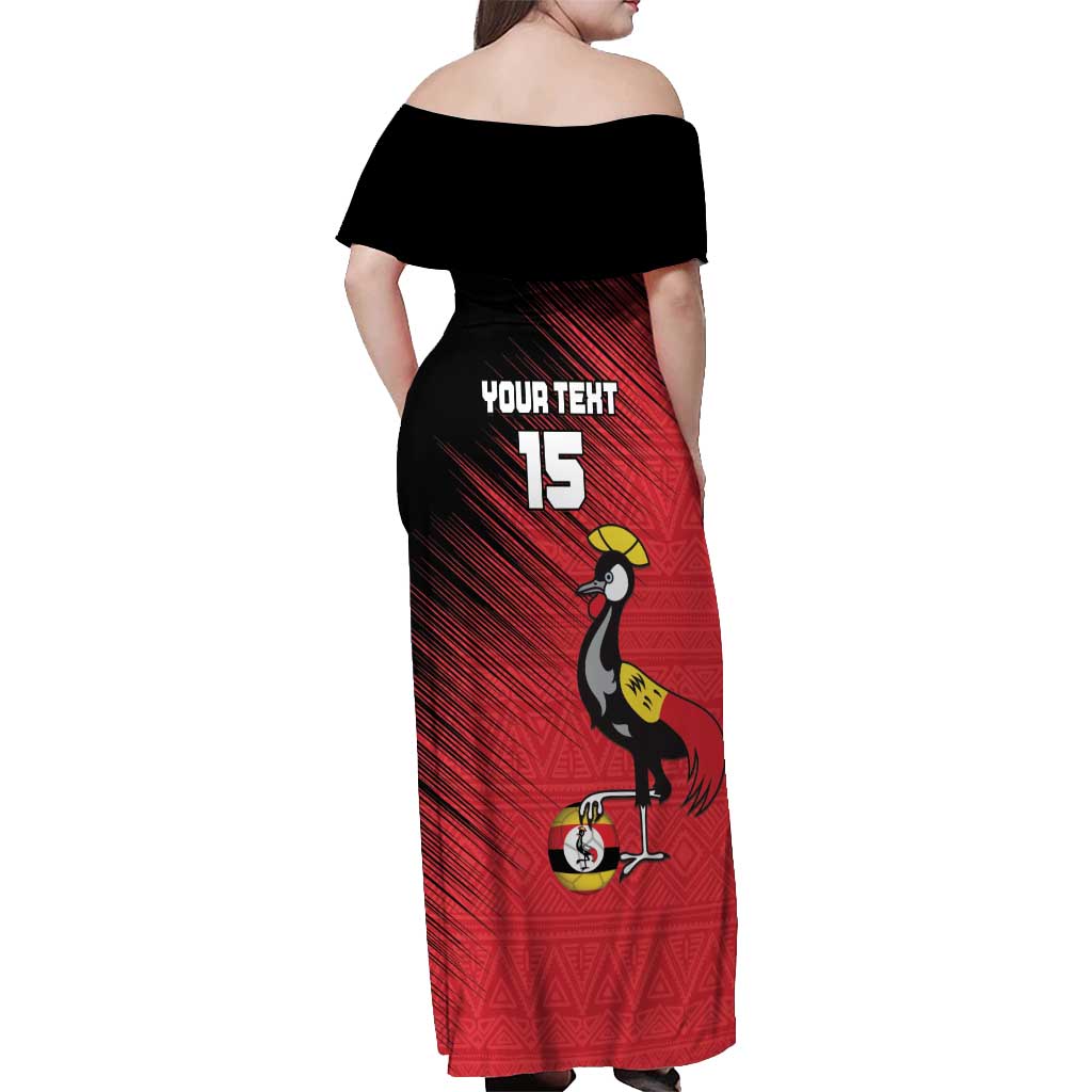 Custom Uganda Football Off Shoulder Maxi Dress Black Crowned Crane Mix Grunge Style - Red Color