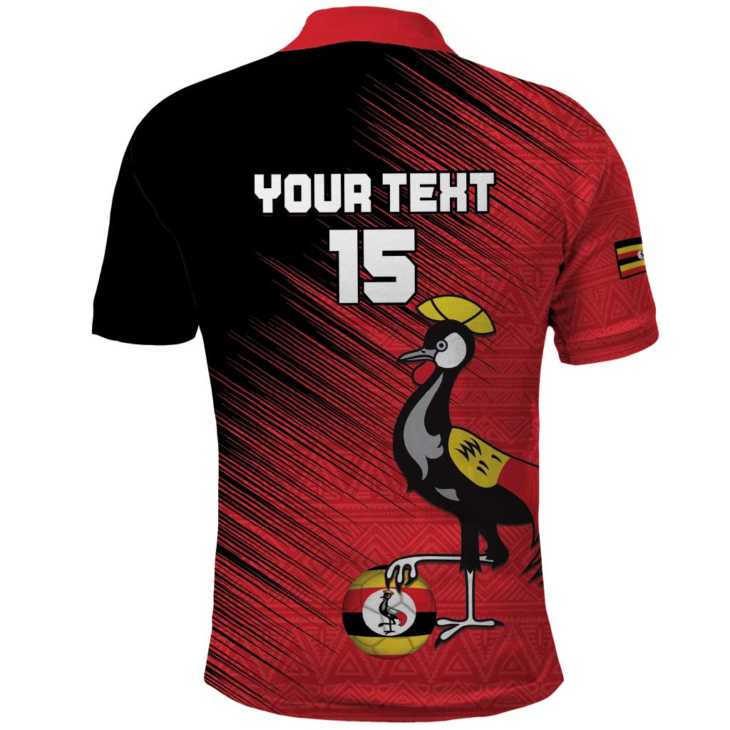 Custom Uganda Football Polo Shirt Black Crowned Crane Mix Grunge Style - Red Color