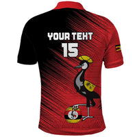 Custom Uganda Football Polo Shirt Black Crowned Crane Mix Grunge Style - Red Color