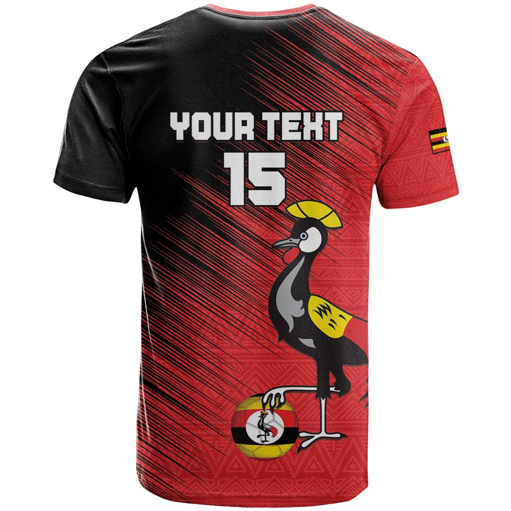 Custom Uganda Football T Shirt Black Crowned Crane Mix Grunge Style - Red Color