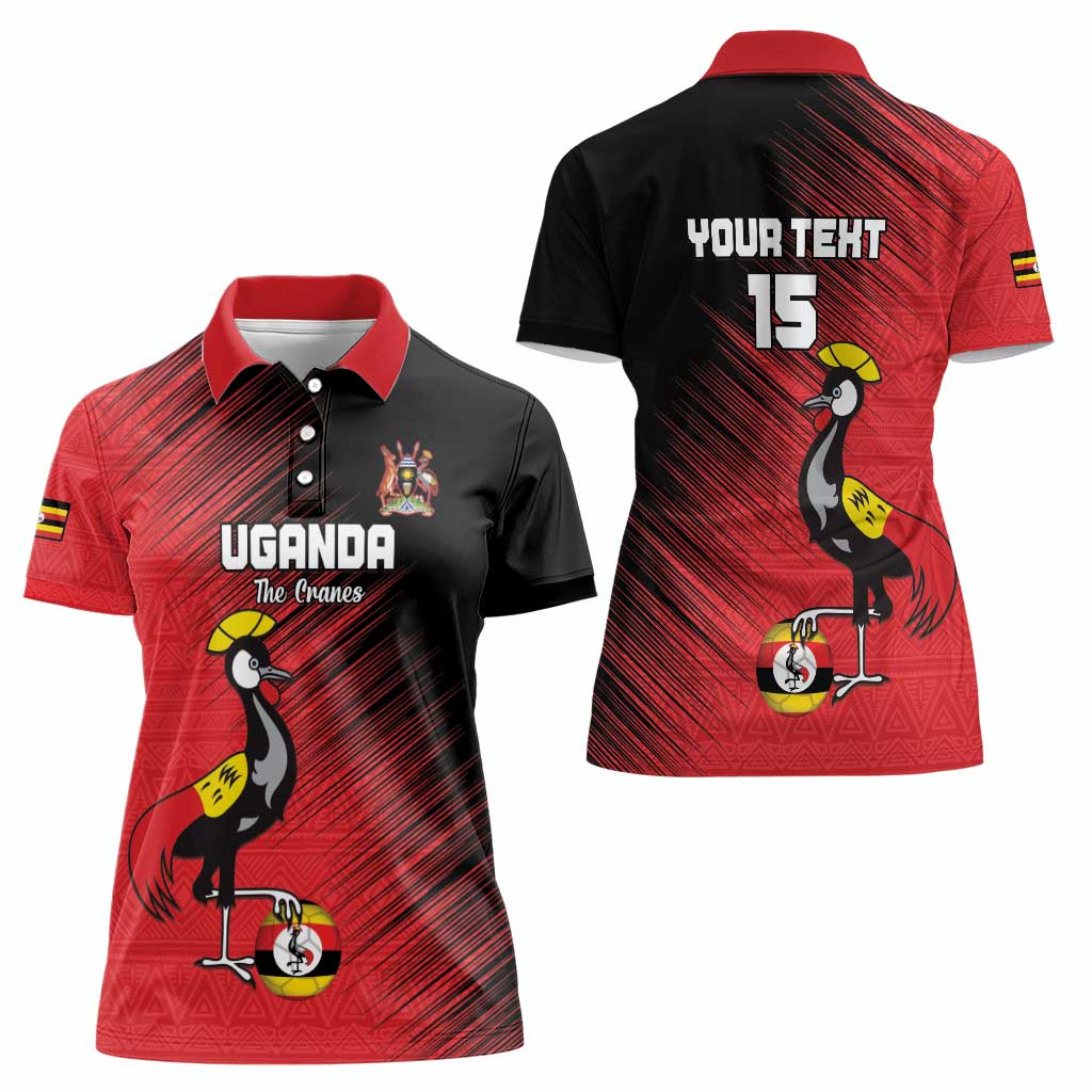 Custom Uganda Football Women Polo Shirt Black Crowned Crane Mix Grunge Style - Red Color