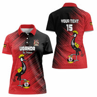 Custom Uganda Football Women Polo Shirt Black Crowned Crane Mix Grunge Style - Red Color
