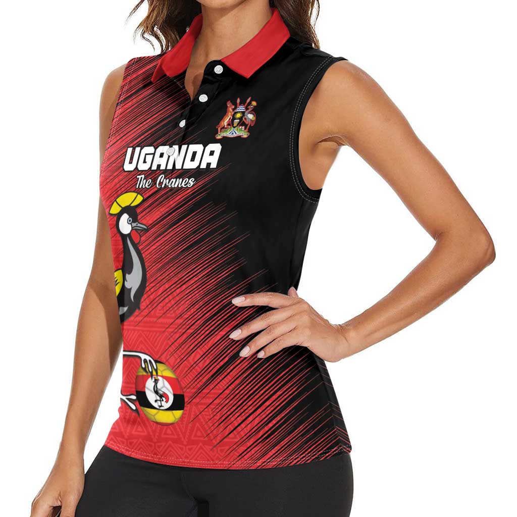 Custom Uganda Football Women Sleeveless Polo Shirt Black Crowned Crane Mix Grunge Style - Red Color