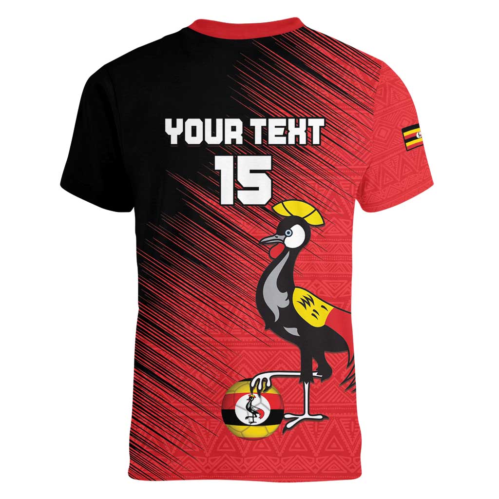 Custom Uganda Football Women V-Neck T-Shirt Black Crowned Crane Mix Grunge Style - Red Color