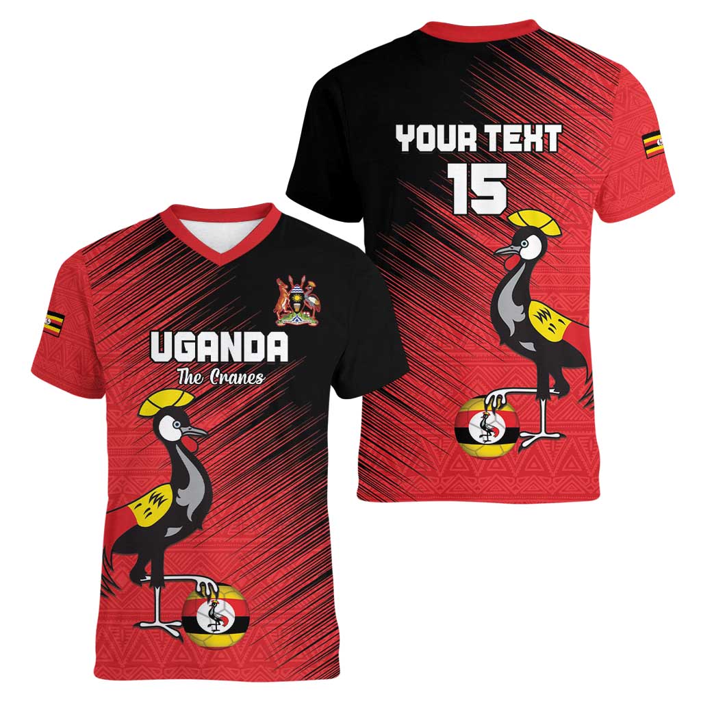 Custom Uganda Football Women V-Neck T-Shirt Black Crowned Crane Mix Grunge Style - Red Color