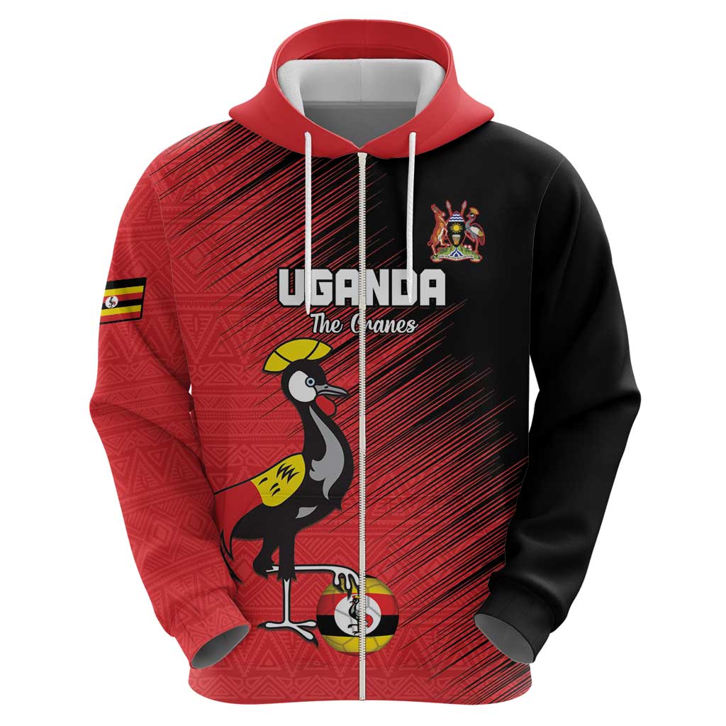 Custom Uganda Football Zip Hoodie Black Crowned Crane Mix Grunge Style - Red Color