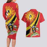 Personalized Uganda Couples Matching Long Sleeve Bodycon Dress and Hawaiian Shirt Black Crowned Crane With Coat Of Arms