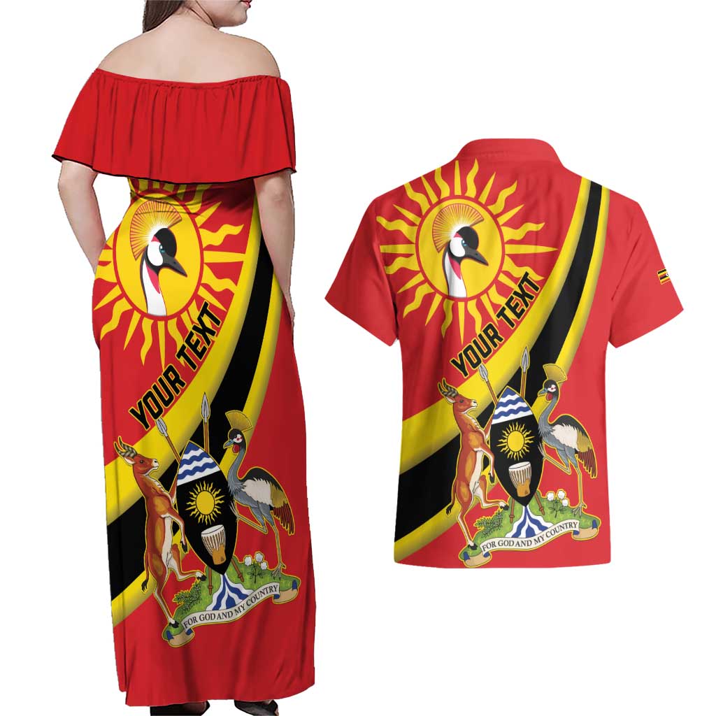 Personalized Uganda Couples Matching Off Shoulder Maxi Dress and Hawaiian Shirt Black Crowned Crane With Coat Of Arms