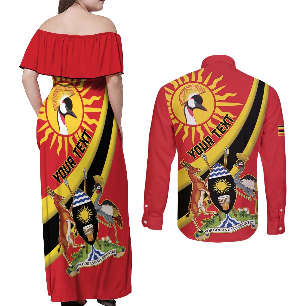 Personalized Uganda Couples Matching Off Shoulder Maxi Dress and Long Sleeve Button Shirt Black Crowned Crane With Coat Of Arms