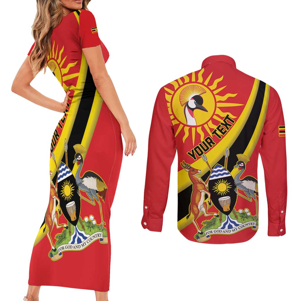 Personalized Uganda Couples Matching Short Sleeve Bodycon Dress and Long Sleeve Button Shirt Black Crowned Crane With Coat Of Arms