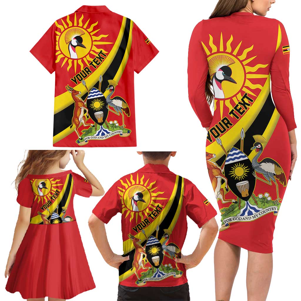 Personalized Uganda Family Matching Long Sleeve Bodycon Dress and Hawaiian Shirt Black Crowned Crane With Coat Of Arms