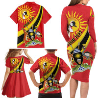 Personalized Uganda Family Matching Long Sleeve Bodycon Dress and Hawaiian Shirt Black Crowned Crane With Coat Of Arms