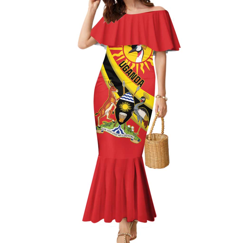 Personalized Uganda Family Matching Mermaid Dress and Hawaiian Shirt Black Crowned Crane With Coat Of Arms