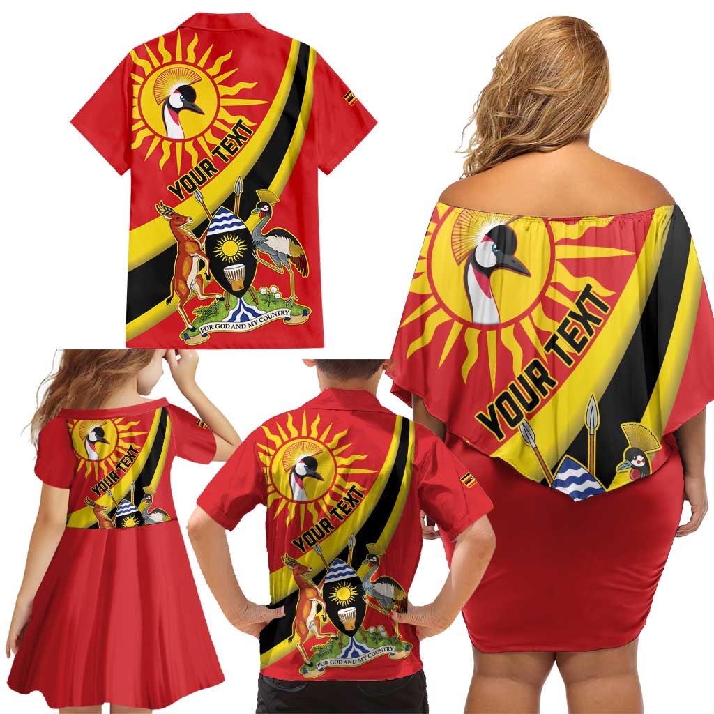 Personalized Uganda Family Matching Off Shoulder Short Dress and Hawaiian Shirt Black Crowned Crane With Coat Of Arms