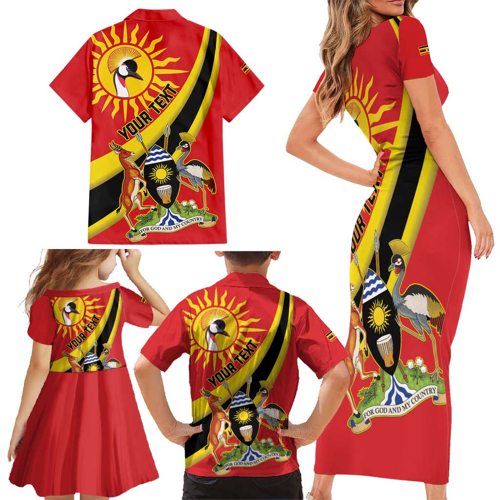 Personalized Uganda Family Matching Short Sleeve Bodycon Dress and Hawaiian Shirt Black Crowned Crane With Coat Of Arms