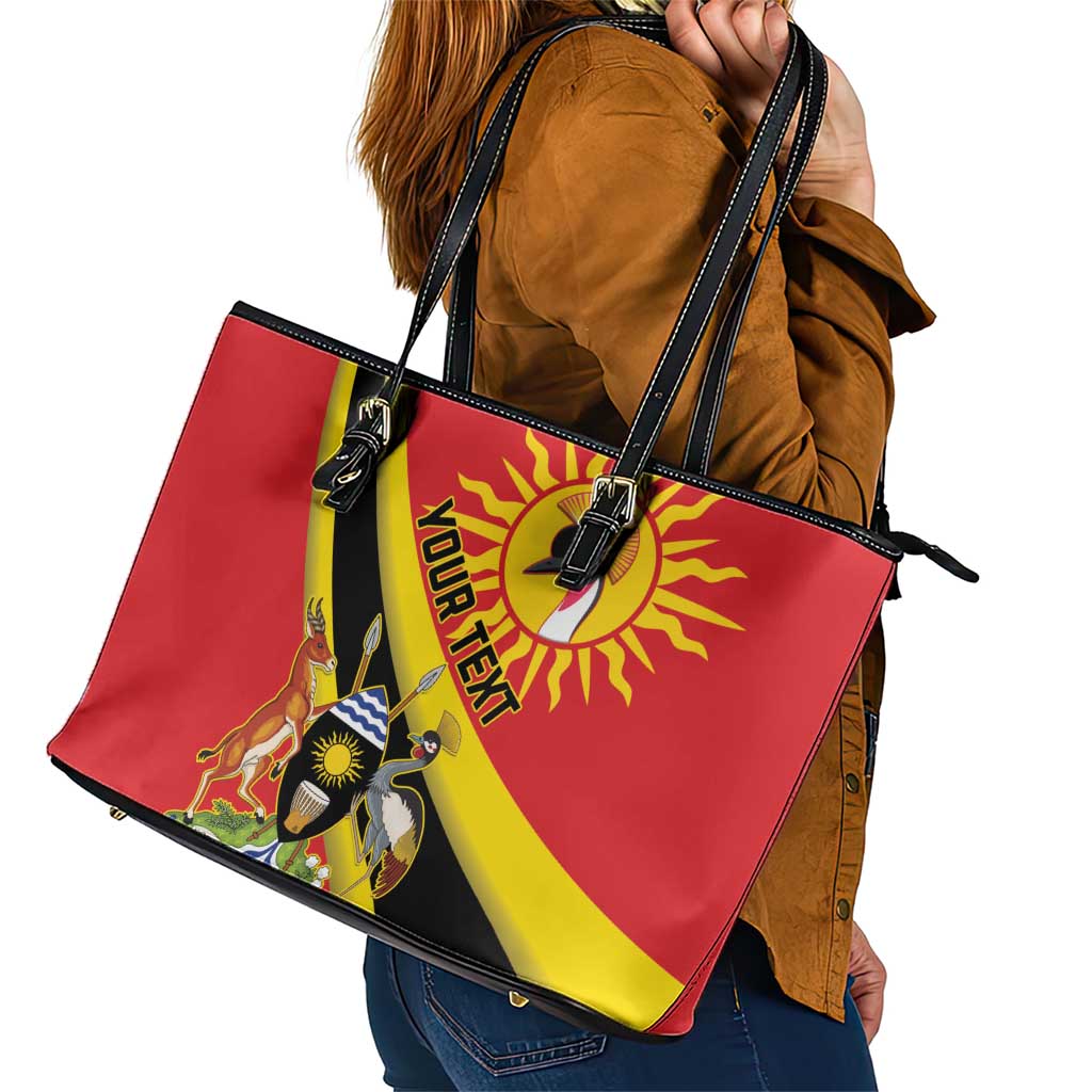 Personalized Uganda Leather Tote Bag Black Crowned Crane With Coat Of Arms