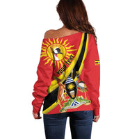 Personalized Uganda Off Shoulder Sweater Black Crowned Crane With Coat Of Arms
