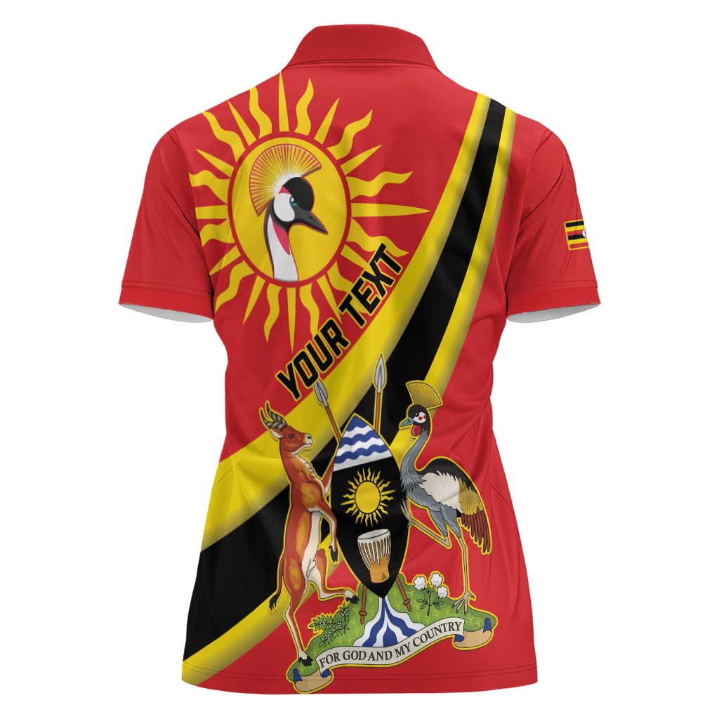Personalized Uganda Women Polo Shirt Black Crowned Crane With Coat Of Arms