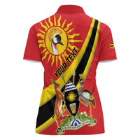 Personalized Uganda Women Polo Shirt Black Crowned Crane With Coat Of Arms