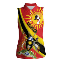 Personalized Uganda Women Sleeveless Polo Shirt Black Crowned Crane With Coat Of Arms