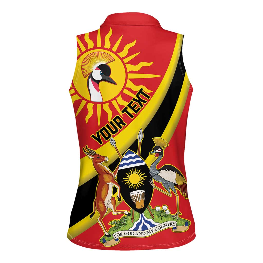 Personalized Uganda Women Sleeveless Polo Shirt Black Crowned Crane With Coat Of Arms
