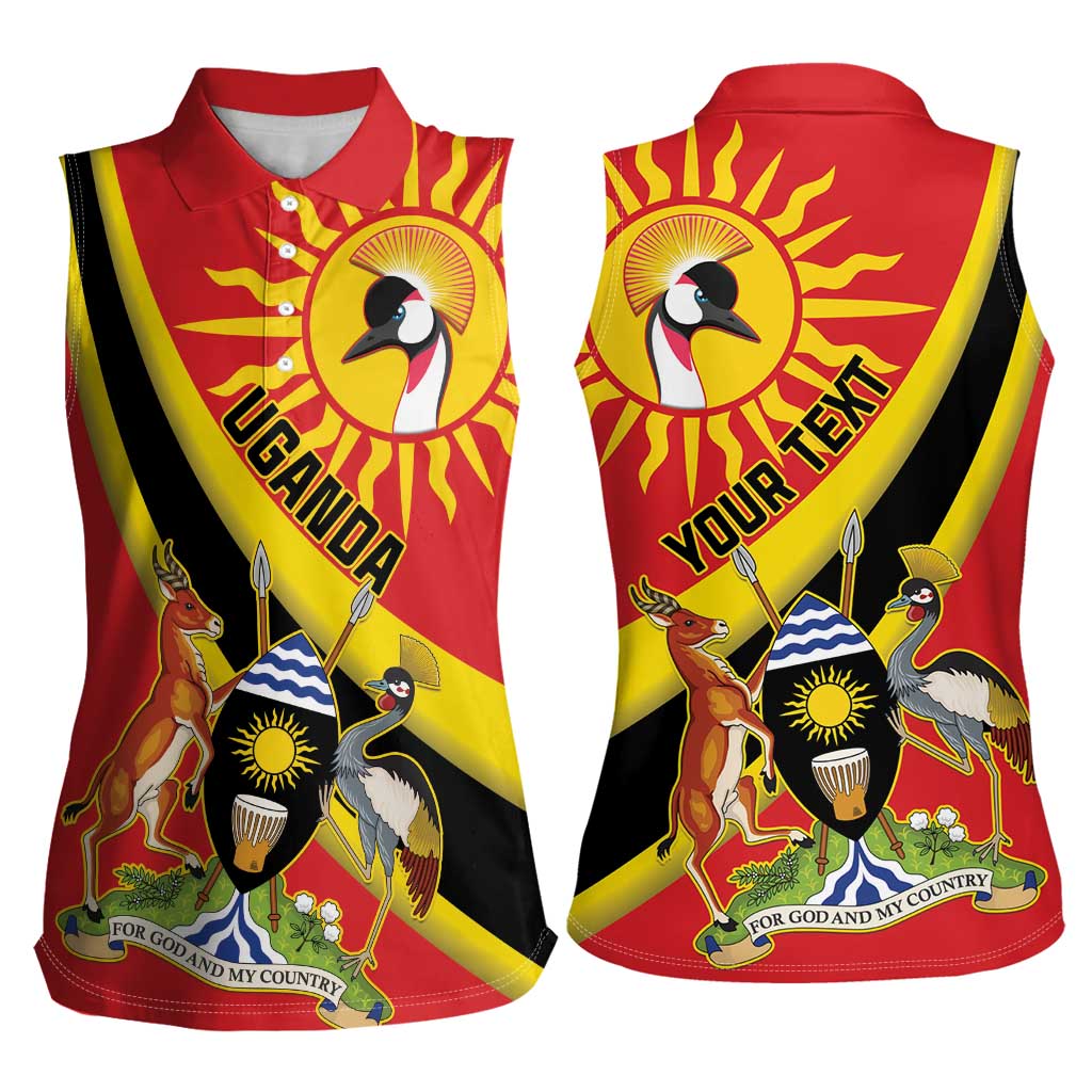 Personalized Uganda Women Sleeveless Polo Shirt Black Crowned Crane With Coat Of Arms
