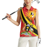 Personalized Uganda Women Sleeveless Polo Shirt Black Crowned Crane With Coat Of Arms
