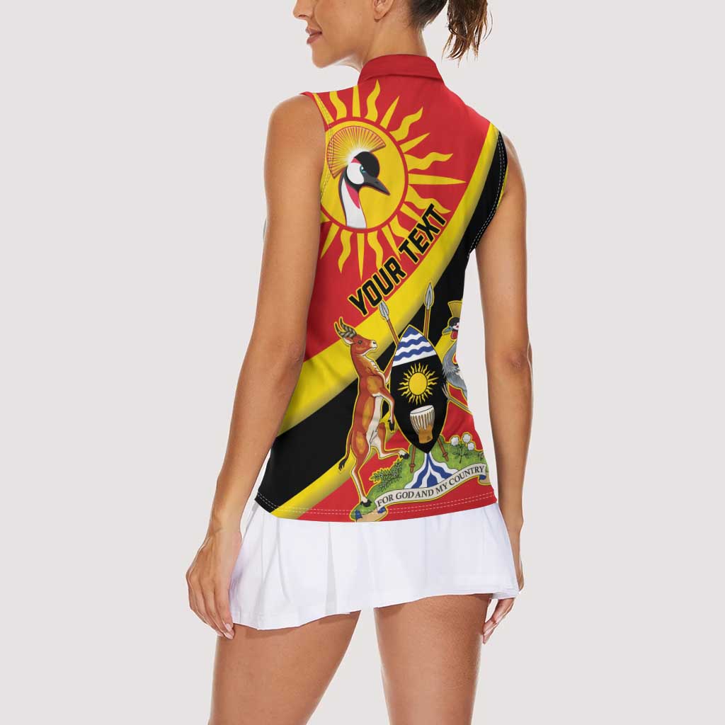 Personalized Uganda Women Sleeveless Polo Shirt Black Crowned Crane With Coat Of Arms
