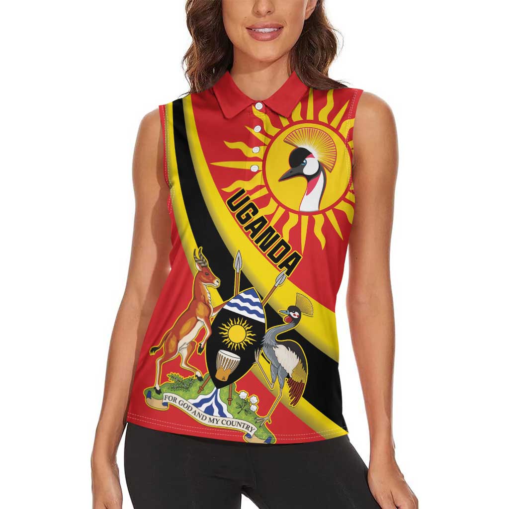 Personalized Uganda Women Sleeveless Polo Shirt Black Crowned Crane With Coat Of Arms