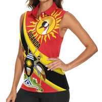 Personalized Uganda Women Sleeveless Polo Shirt Black Crowned Crane With Coat Of Arms